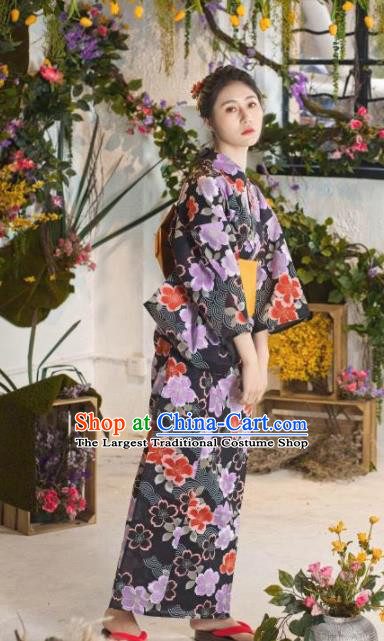 Japanese Traditional Printing Sakura Black Kimono Asian Japan Costume Geisha Yukata Dress for Women