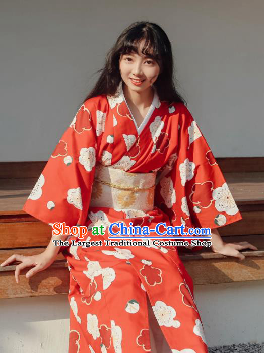 Traditional Japanese Classical Printing Sakura Red Kimono Asian Japan Costume Geisha Yukata Dress for Women