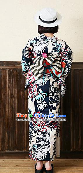 Traditional Japanese Classical Printing Chrysanthemum Kimono Asian Japan Costume Geisha Yukata Dress for Women