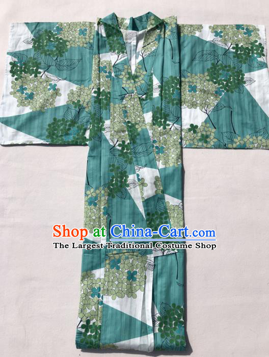 Traditional Japanese Classical Printing Hydrangea Green Kimono Asian Japan Costume Geisha Yukata Dress for Women