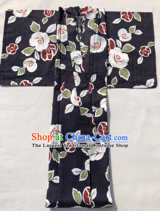 Japanese Classical Printing Roses Black Kimono Asian Japan Traditional Costume Geisha Yukata Dress for Women