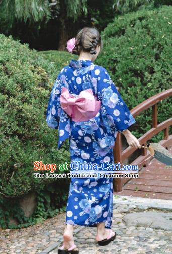 Japanese Classical Printing Flowers Blue Kimono Asian Traditional Japan Costume Geisha Yukata Dress Complete Set for Women