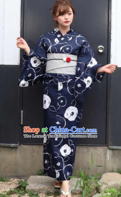 Japanese Traditional Printing Navy Kimono Asian Japan Costume Geisha Yukata Dress for Women