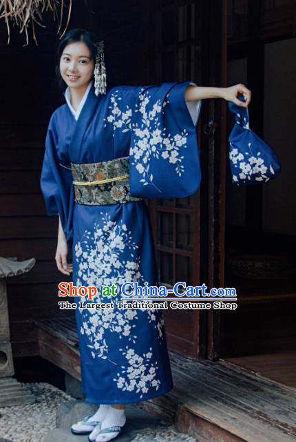 Traditional Japanese Classical Printing Sakura Royalblue Kimono Asian Japan Costume Geisha Yukata Dress for Women