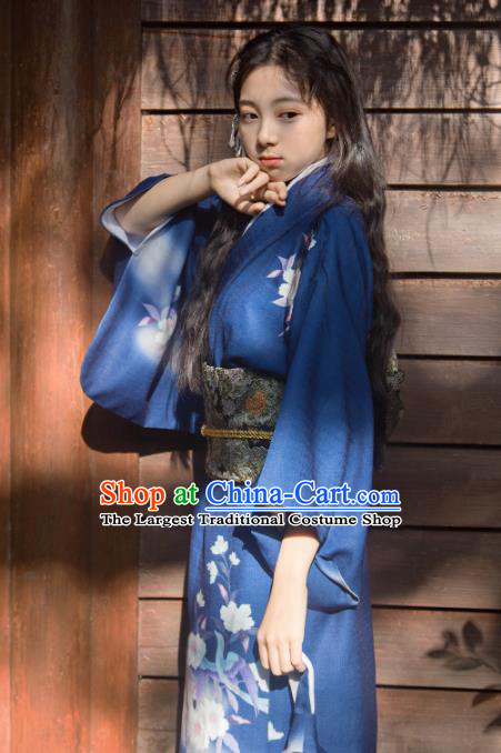 Traditional Japanese Classical Printing Flowers Royalblue Kimono Asian Japan Costume Geisha Yukata Dress for Women