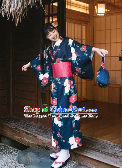 Womens Traditional Japanese Kimono Robe - Red Camellia Floral