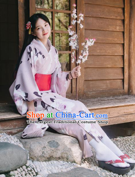 Traditional Japanese Classical Printing Camellia Violet Kimono Asian Japan Costume Geisha Yukata Dress for Women