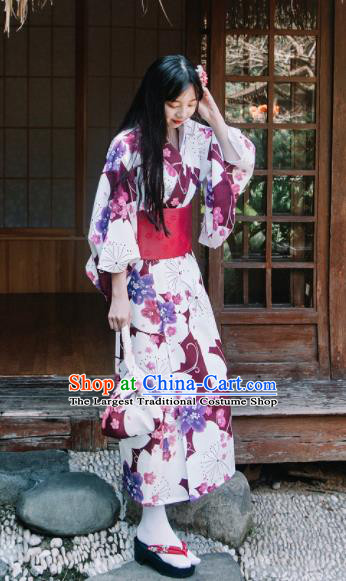 Traditional Japanese Classical Printing Sakura Wine Red Kimono Asian Japan Costume Geisha Yukata Dress for Women