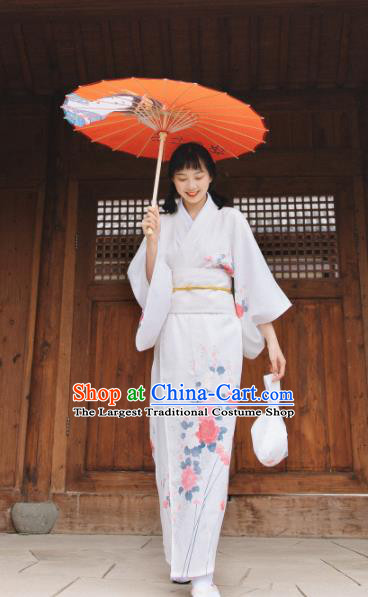 Traditional Japanese Classical Printing Peony White Kimono Asian Japan Costume Geisha Yukata Dress for Women
