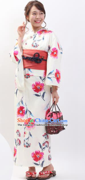 Japanese Classical Printing Pink Flowers Kimono Asian Japan Traditional Costume Geisha Yukata Dress for Women