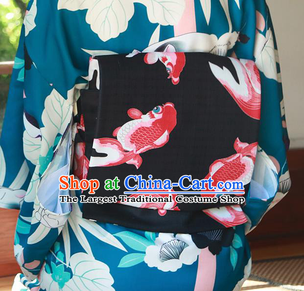 Japanese Traditional Printing Fishes Black Yukata Waistband Asian Japan Handmade Kimono Belts for Women