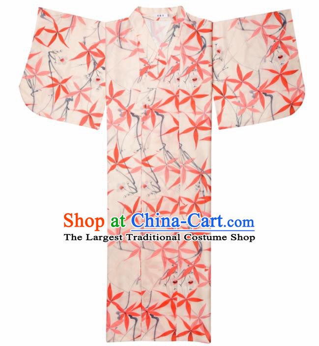 Japanese Classical Printing Red Maple Leaf Kimono Asian Japan Traditional Costume Geisha Yukata Dress for Women