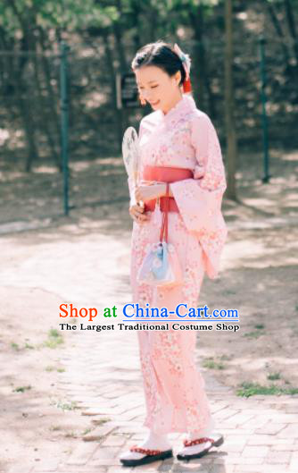 Japanese Classical Printing Sakura Pink Kimono Asian Japan Traditional Costume Geisha Yukata Dress for Women