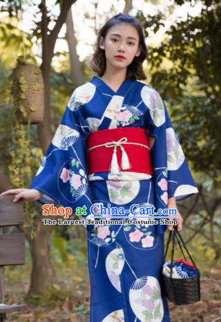 Japanese Classical Printing Fans Blue Kimono Asian Japan Traditional Costume Geisha Yukata Dress for Women