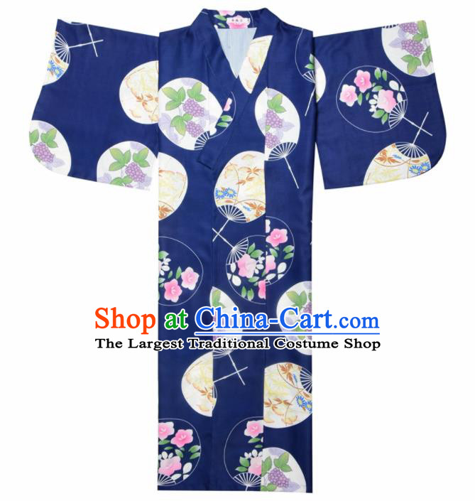 Japanese Classical Printing Fans Blue Kimono Asian Japan Traditional Costume Geisha Yukata Dress for Women