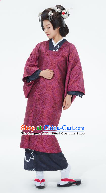 Japanese Classical Court Wine Red Yukata Robe Asian Japan Traditional Costume Geisha Furisode Kimono Dress for Women
