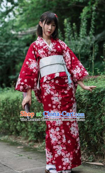 Japanese Classical Printing Sakura Wine Red Furisode Kimono Asian Japan Traditional Costume Geisha Yukata Dress for Women