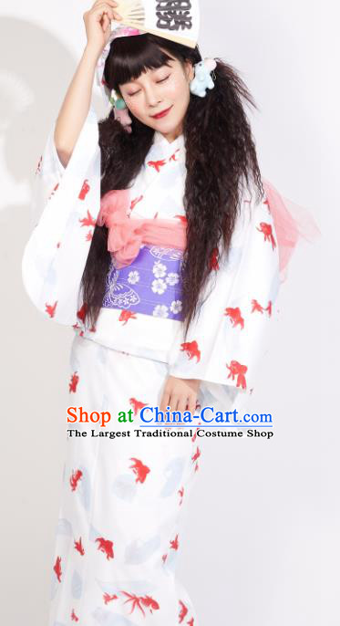 Japanese Classical Printing Goldfish White Yukata Dress Asian Japan Traditional Costume Geisha Furisode Kimono for Women