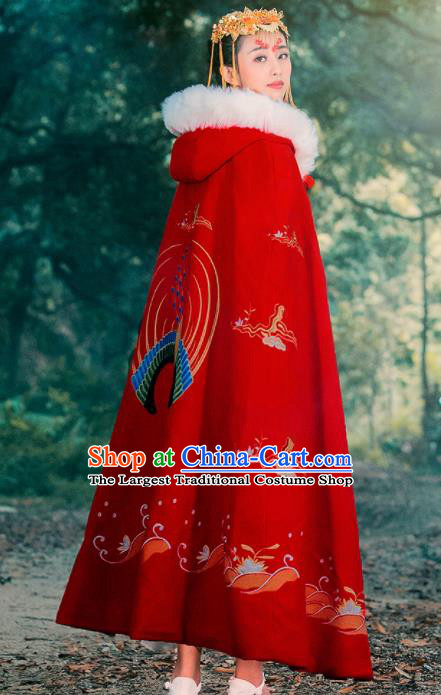 Ancient Chinese Ming Dynasty Historical Costume Traditional Palace Princess Embroidered Red Cloak for Women
