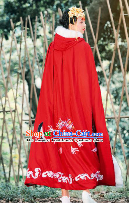 Ancient Chinese Ming Dynasty Historical Costume Traditional Palace Princess Embroidered Cranes Red Cloak for Women