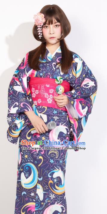 Japanese Classical Printing Unicorn Purple Yukata Dress Asian Japan Traditional Costume Geisha Kimono for Women
