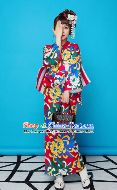 Japanese Classical Printing Chrysanthemum Red Yukata Robe Asian Japan Traditional Costume Geisha Furisode Kimono Dress for Women
