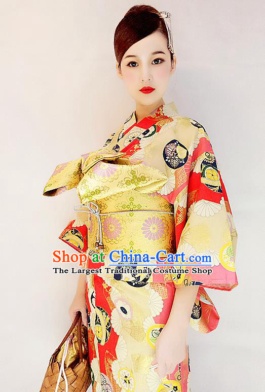 Japanese Classical Printing Golden Yukata Robe Asian Japan Traditional Costume Geisha Furisode Kimono Dress for Women