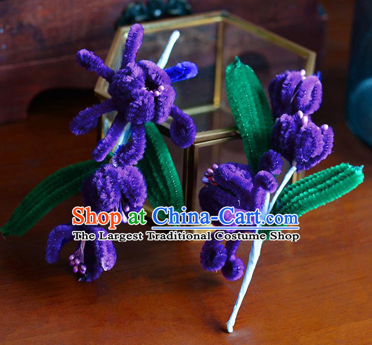 Traditional Chinese Ancient Palace Purple Velvet Flowers Hair Clip Hairpins Handmade Wedding Hair Accessories for Women