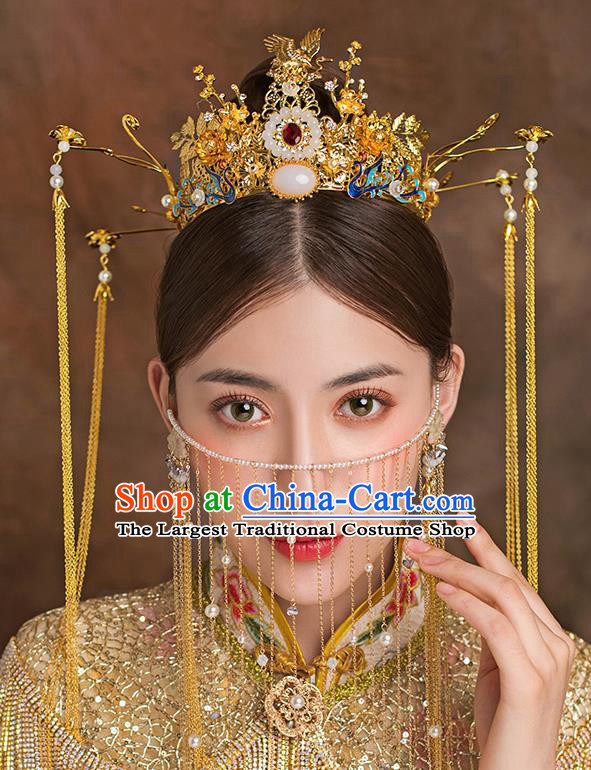 Traditional Chinese Ancient Bride Tassel Hairpins Blueing Phoenix Coronet Handmade Wedding Hair Accessories for Women