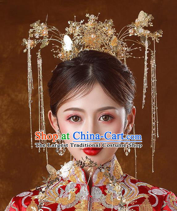 Traditional Chinese Ancient Bride Tassel Hairpins Golden Butterfly Phoenix Coronet Handmade Wedding Hair Accessories for Women