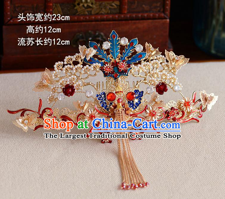 Traditional Chinese Ancient Bride Tassel Hairpins Cloisonne Phoenix Coronet Handmade Wedding Hair Accessories for Women