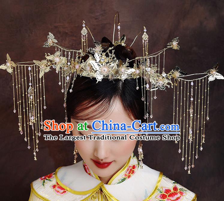 Traditional Chinese Ancient Bride Hairpins Butterfly Tassel Phoenix Coronet Handmade Wedding Hair Accessories for Women