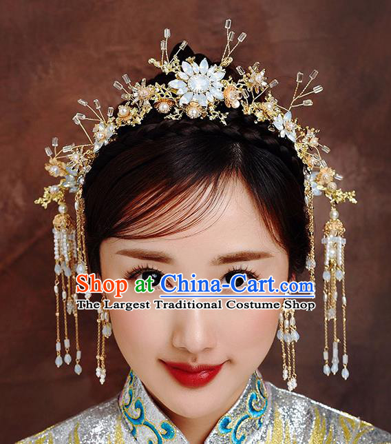 Traditional Chinese Ancient Bride Hairpins Tassel Opal Hair Clasp Handmade Wedding Hair Accessories for Women