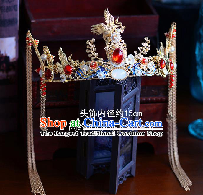 Traditional Chinese Ancient Agate Crane Phoenix Coronet Bride Hairpins Handmade Wedding Hair Accessories for Women