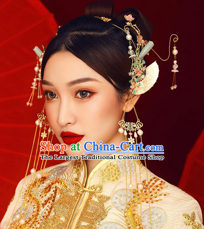 Traditional Chinese Ancient Hanfu Jade Hair Comb Bride Hairpins Handmade Wedding Hair Accessories for Women