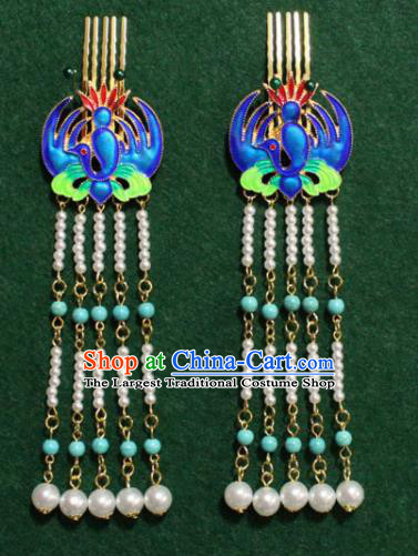 Traditional Chinese Ancient Palace Cloisonne Phoenix Hair Comb Tassel Hairpins Handmade Wedding Hair Accessories for Women