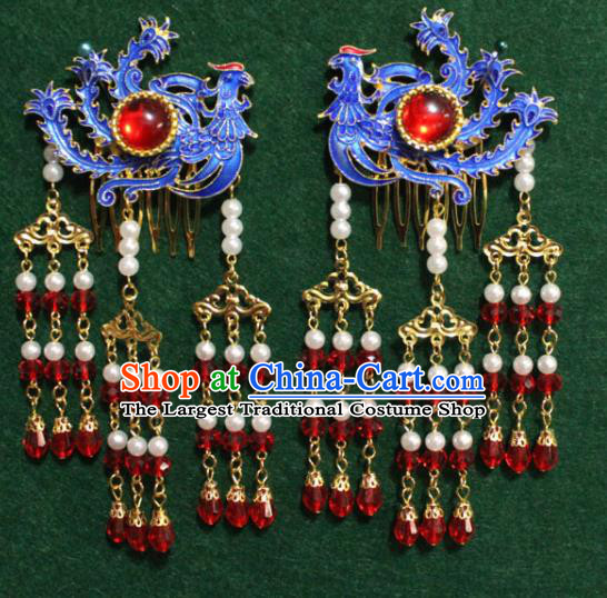 Traditional Chinese Ancient Palace Cloisonne Phoenix Agate Hair Comb Tassel Hairpins Handmade Wedding Hair Accessories for Women