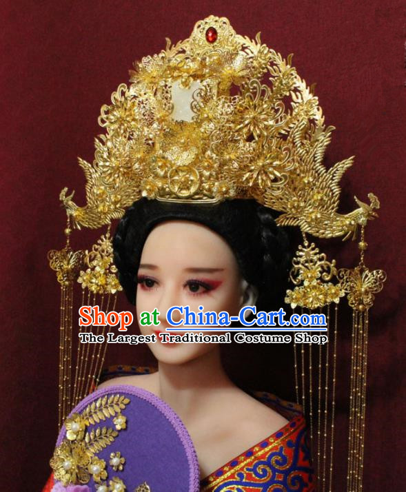 Traditional Chinese Ancient Queen Hanfu Luxury Golden Jade Phoenix Coronet Bride Hairpins Handmade Wedding Hair Accessories for Women