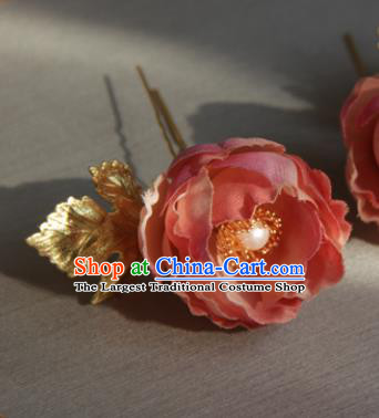Traditional Chinese Ancient Princess Pink Camellia Hair Clips Hairpins Handmade Hanfu Hair Accessories for Women