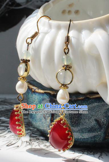 Handmade Chinese Ancient Princess Pearl Red Crystal Earrings Traditional Hanfu Jewelry Accessories for Women