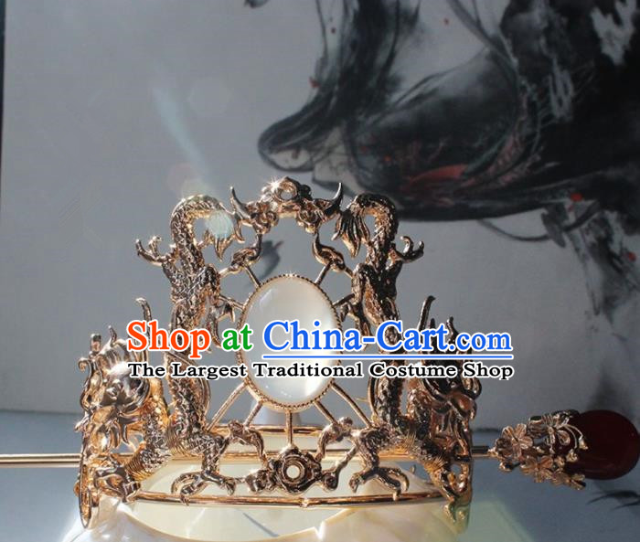 Traditional Chinese Ancient Hanfu Golden Dragon Opal Hair Crown Princess Hairpins Handmade Hair Accessories for Women