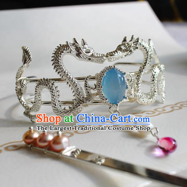 Traditional Chinese Ancient Hanfu Blue Chalcedony Dragon Hair Crown Princess Hairpins Handmade Hair Accessories for Women