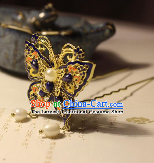 Traditional Chinese Ancient Hanfu Blueing Butterfly Tassel Hair Clip Princess Hairpins Handmade Hair Accessories for Women