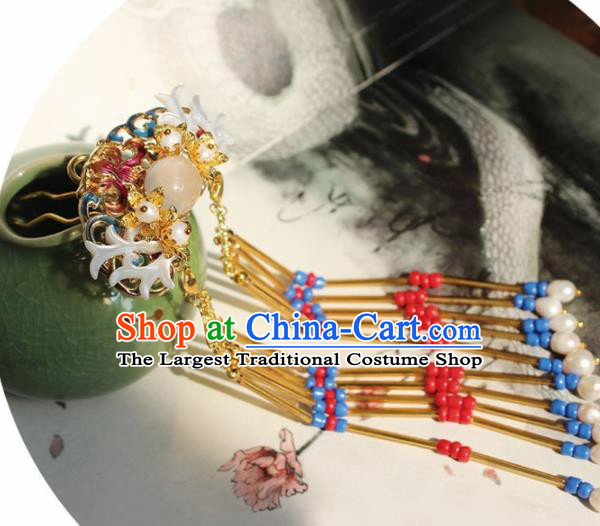 Chinese Ancient Hanfu Tassel Hair Crown Princess Rosy Cloisonne Hairpins Traditional Handmade Hair Accessories for Women