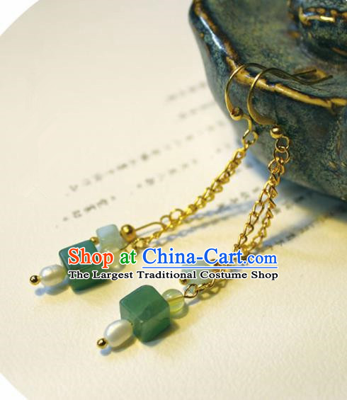 Handmade Chinese Ancient Princess Jade Pearl Earrings Traditional Hanfu Jewelry Accessories for Women