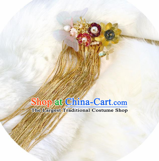 Chinese Ancient Hanfu Silk Butterfly Hair Clip Princess Golden Tassel Hairpins Traditional Handmade Hair Accessories for Women