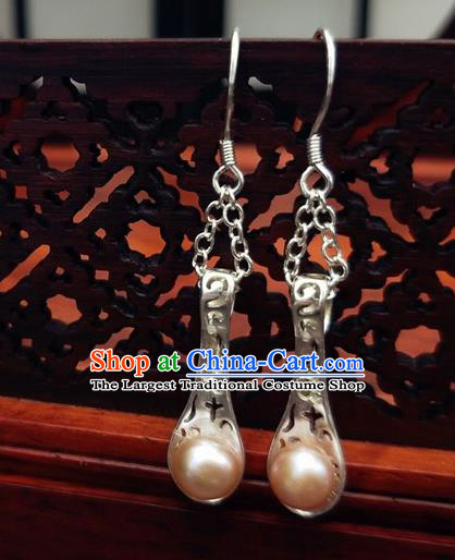 Traditional Chinese Ancient Hanfu Pink Pearl Tassel Earrings Handmade Wedding Jewelry Accessories for Women