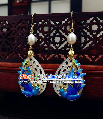 Traditional Chinese Ancient Hanfu Cloisonne Phoenix Jade Earrings Handmade Wedding Jewelry Accessories for Women