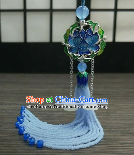 Traditional Chinese Ancient Cloisonne Lotus Brooch Handmade Hanfu Palace Breastpin Tassel Pendant for Women