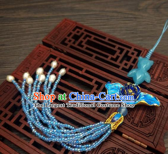 Traditional Chinese Ancient Blueing Lotus Brooch Handmade Hanfu Palace Breastpin Tassel Pendant for Women